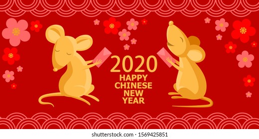 2020 Happy Chinese New Year postcard.  Cute golden cartoon mice with a traditional red money pocket on a red background with cherry flowers. Horizontal banner, postcard or envelope.