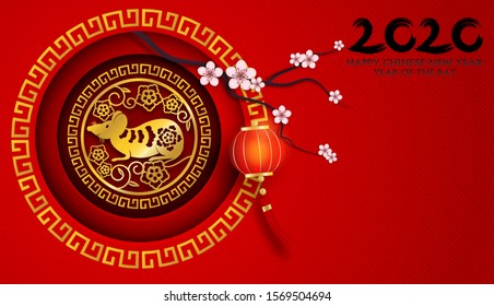 2020 Happy Chinese New Year. Design with flowers and rat on red background. paper art style. happy rat year. Vector.