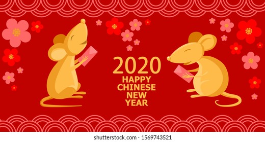 2020 Happy Chinese New Year postcard. 2020 Chinese New Year mouse or rat symbol. Cute golden cartoon mice with a traditional red money pocket on a red background.