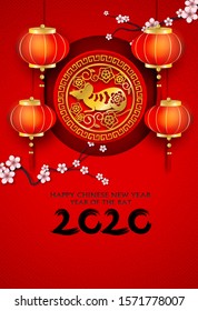 2020 Happy Chinese New Year. Design with flowers and rat on red background. paper art style. happy rat year. Vector.