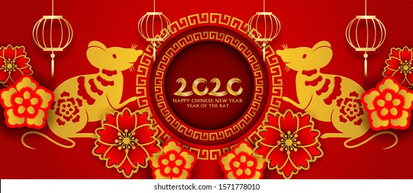 2020 Happy Chinese New Year. Design with flowers and rat on red background. paper art style. happy rat year. Vector.