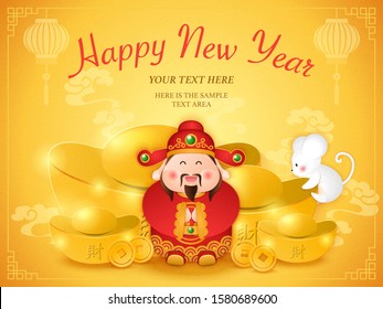 2020 Happy Chinese new year of cartoon cute rat mouse God of Wealth and golden ingot.