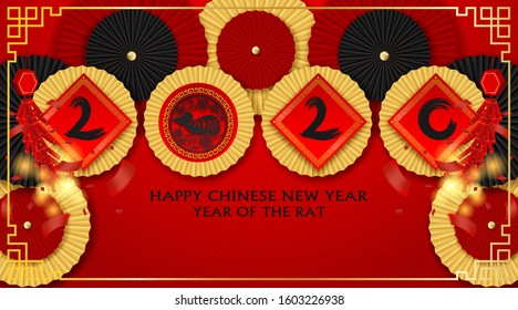 2020 Happy Chinese New Year background. Design with chinese paper fan and firecrackers .paper art style. happy rat year. Vector.