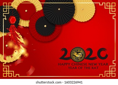 2020 Happy Chinese New Year background. Design with chinese paper fan and firecrackers .paper art style. happy rat year. Vector.