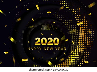 2020. Happy New Year with 3d golden confetti. Christmas holiday design for banner, poster, cover. Dark luxury creative circle background. Vector illustration