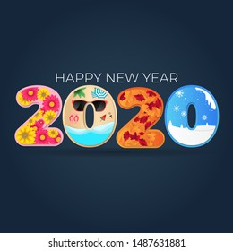 2020 Happy New Year. 4 season spring, summer, fall, winter, isolated on number background for greeting card, calendar, banner, vector illustration