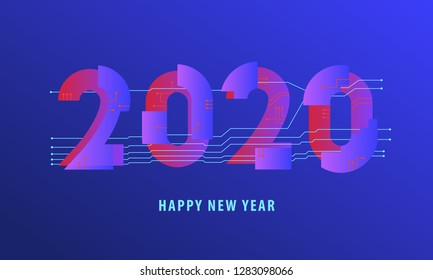 2020 happy new year abstract electronical virtual reality card design template with gradient