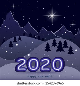 2020 Happy New Year! against the backdrop of snowy mountains and hills. Winter landscape. Nature in the winter. Vector illustration.