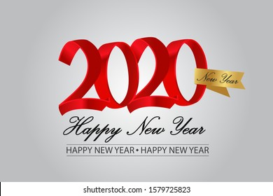 2020 Happy New Year Anniversary Red Color Free style with Golden Ribbon Color on Grey Background, For Invitation, banner, ads, greeting card - Vector