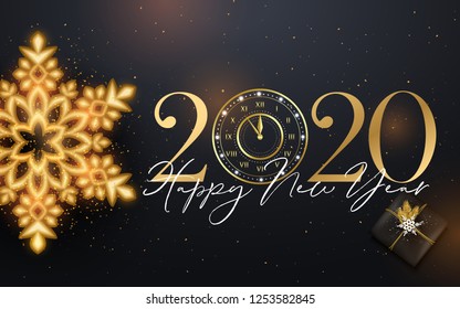 2020 Happy New Year background with gold snowflakes. Vector illustration