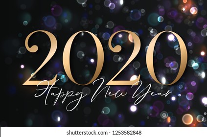 2020 Happy New Year Background with gold numbers and colorful bokeh. Vector illustration