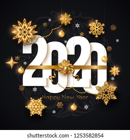 2020 Happy New Year background decorated gold snowflakes and stars. Vector illustration