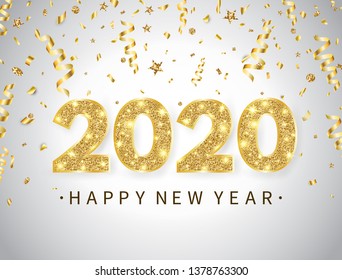 2020 Happy New Year background with bright golden text and numbers. Happy holiday backdrop with gold confetti, glitter, sparkles and stars. Luxury festive design for greeting card. Vector illustration