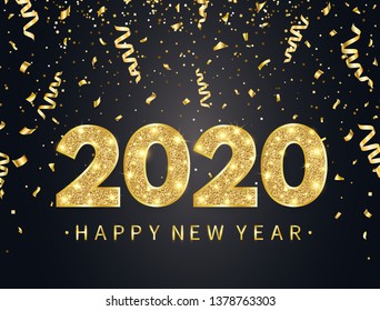 2020 Happy New Year background with gold confetti, glitter, sparkles and stars. Happy holiday backdrop with bright golden text and numbers. Luxury festive design for greeting card. Vector illustration