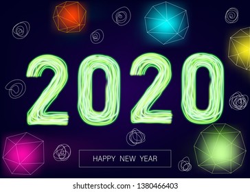2020 happy New Year background with multicolored  glittering  flash. Christmas decoration with glowing neon green number. Vector winter holiday greeting card template.
