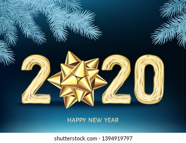 2020 happy New Year background with golden gift bow and glittering  blue  spruce branch. Christmas decoration with glowing neon number. Vector winter holiday greeting card template.