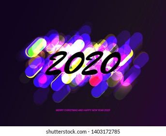 2020 happy New Year background with multicolored glittering flash. Christmas decoration with glowing neon green number. Vector winter holiday greeting card template.