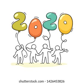 2020 Happy New Year background. Cartoon doodle illustration with liitle people holding balloons. Hand drawn vector illustration for celebration.