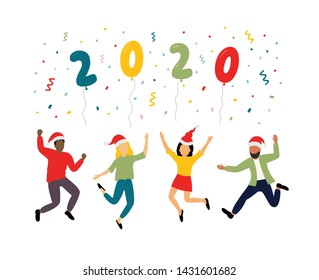 2020 Happy New Year background. Cartoon doodle illustration with people holding balloons.