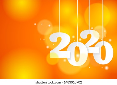 2020 Happy New Year background for banner or poster template - 2 and 0 hanging digits on bright blurry orange and yellow backdrop