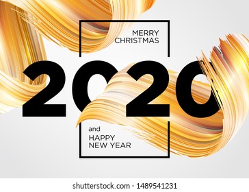 2020 Happy New Year Background Design. Vector Greeting Card with Abstract Gradient Brushstroke. Colorful Illustration for 2020 Christmas Calendar, Poster, Social Media Template. Xmas Design Element.