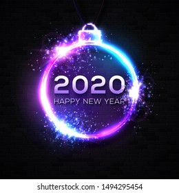 2020 Happy New Year background. Neon text confetti particles. Celebration party banner. Circle decoration bauble design template for seasonal flyer greeting card. Light 3d bright vector illustration.