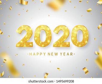 2020 Happy New Year background with gold confetti, glitter, sparkles and stars. Glitter golden numbers with confetti and ribbons. Luxury bright festive design for greeting card. Vector illustration.