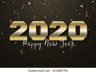 2020 Happy New Year Background with Gold Confetti and Ribbon. Vector illustration for greeting card, banner, poster.