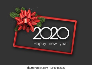 2020 happy New Year background with red 3d frame and satin ribbon with beautiful bow. Winter decoration - Vector