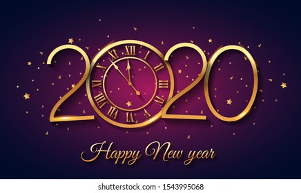 2020 Happy New Year background with gold clock
