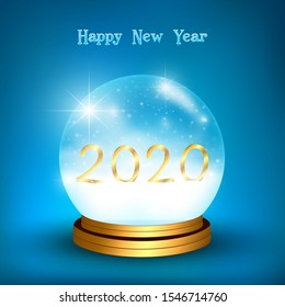 2020 Happy New Year background with icy effect lettering. Glass snow globe with gilded sole. Snowfall and gold numbers in the glass orb. Holiday design with blue gradient. 3D illustration.