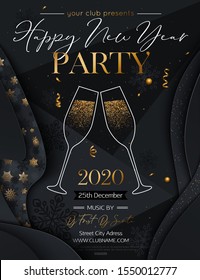 2020 Happy New Year Background. New Year Party Invitation with lettering text design and glasses of champagne. Vector illustration