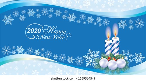 2020 Happy New Year background with candles and Christmas balls on a blue background with snowflakes and wavy pattern. Vector illustration