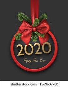 2020 happy New Year background with red 3d round frame and satin ribbon with beautiful bow. Winter decoration - Vector