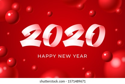 2020 happy new year background. Numeral text calligraphy banner. Abstract white red balls 3d blurry shape greeting card. Christmas magic time poster template Winter holiday concept vector illustration