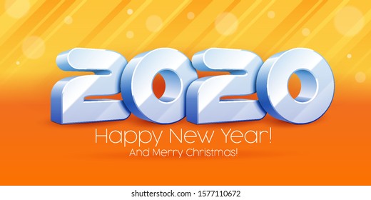 2020 Happy New Year Background, Card, Banner, Flyer Or Marry Christmas Themed Invitations. 3D Blue, White Digits On Orange Blackground. Ready For Your Design. Vector EPS 10