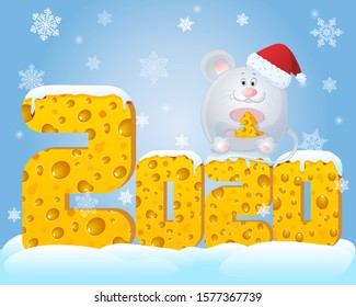 2020 happy new year background in simple cartoon style. Numbers made of cheese and a funny mouse with a santa hat on his head. Christmas background for calendar or card. Vector stock illustration