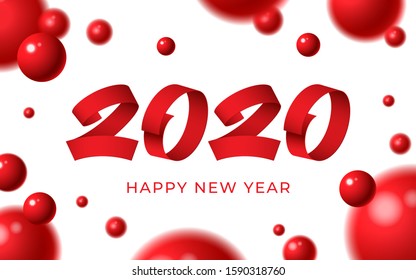 2020 happy new year background. Numeral text calligraphy banner. Abstract white red balls 3d blurry shape greeting card. Christmas magic time poster template Winter holiday concept vector illustration
