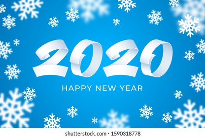 2020 happy new year background. Numeral text calligraphy banner. Abstract snowflakes white blue 3d greeting card. Christmas magic time poster template. Winter holiday concept vector illustration