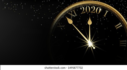 2020 Happy New Year banner on black background and sparkle bokeh with gold clock, Vector illustration