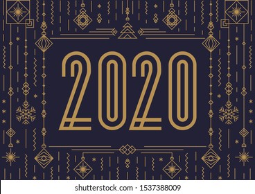 2020 Happy New Year banner concept modern typography and holidays toys art deco gold style for poster, greeting card, invitation, party, flyer. Vector 10 eps