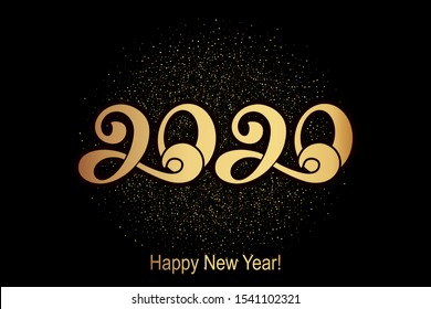 2020. Happy new year banner. Vector illustration of a happy new year in gold and black colors. Beautiful inscription. Background for the holiday.