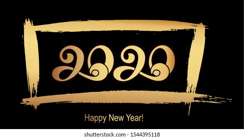 2020. Happy new year banner. Vector illustration of a happy new year in gold and black colors. Beautiful inscription. Background for the holiday.