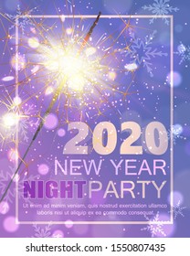 2020 happy new year banner, poster, holiday light blue, pink background. Celebrate night party, sparkler little gold fireworks. Merry Christmas holiday design, decor. Vector illustration.