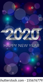 2020, Happy New Year. Banner or invitation, party poster gold glittering stars confetti glitter decoration. Greeting card with silver inscription Happy New Year 2020. Vector Illustration.