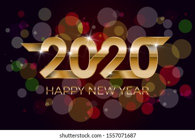 2020 Happy New Year. Banner invitation, party poster glittering stars confetti glitter decoration. Winter holiday greeting card design template with gold text Happy New Year 2020. Vector Illustration.