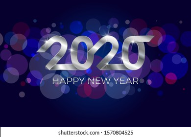 2020, Happy New Year. Banner or invitation, party poster gold glittering stars confetti glitter decoration. Greeting card with silver inscription Happy New Year 2020. Vector Illustration.