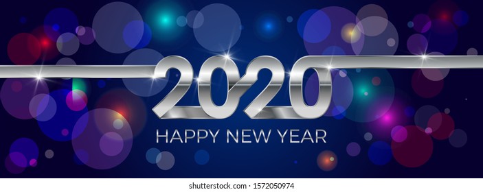 2020, Happy New Year. Banner or invitation, party poster gold glittering stars confetti glitter decoration. Greeting card with silver inscription Happy New Year 2020. Vector Illustration.