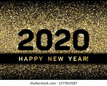 2020 Happy New Year banner with gold glitter rich glossy confetti. Geometric frame with glittering gold sparkle tinsels. New Year premium vector template. Festive holiday card, banner or party poster