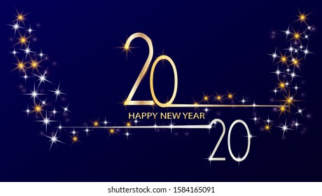 2020 Happy New Year Banner or Poster and Template Design with Stars and Lighting. Decorated on Blue Background. Vector EPS 10.
